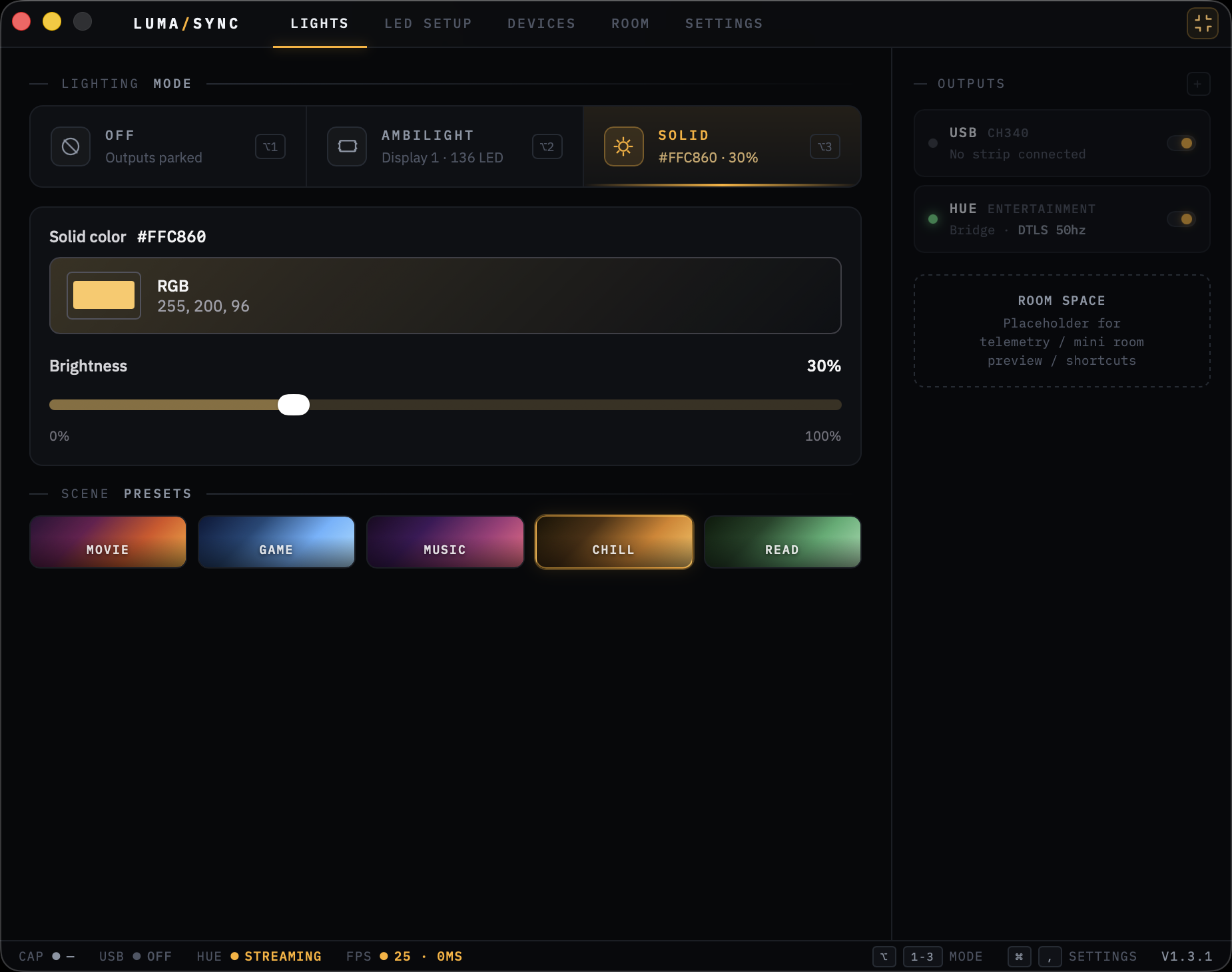 LumaSync ambient mode with the edge-signal preview and live telemetry overlay.