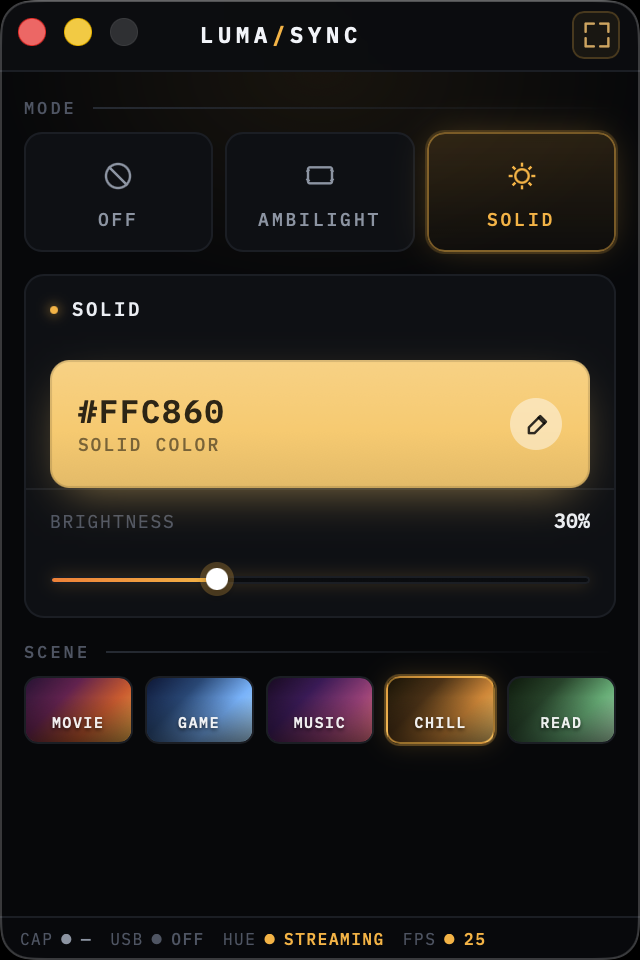 LumaSync compact mode — narrow window with mode tiles and scene picker.