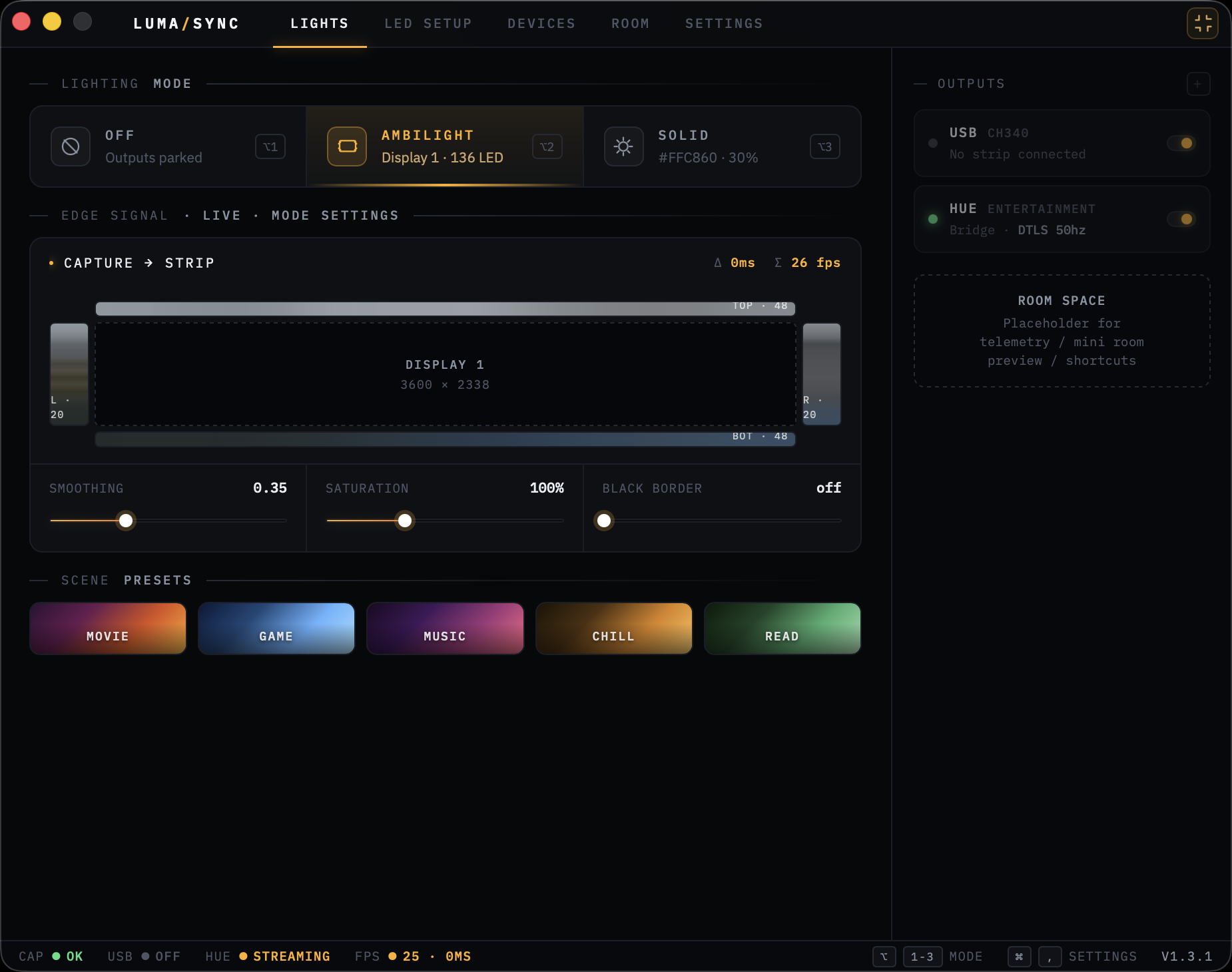 LumaSync's full-mode Lights section showing Ambilight active, scene presets, the live edge-signal preview, and the Δ/Σ telemetry pill.