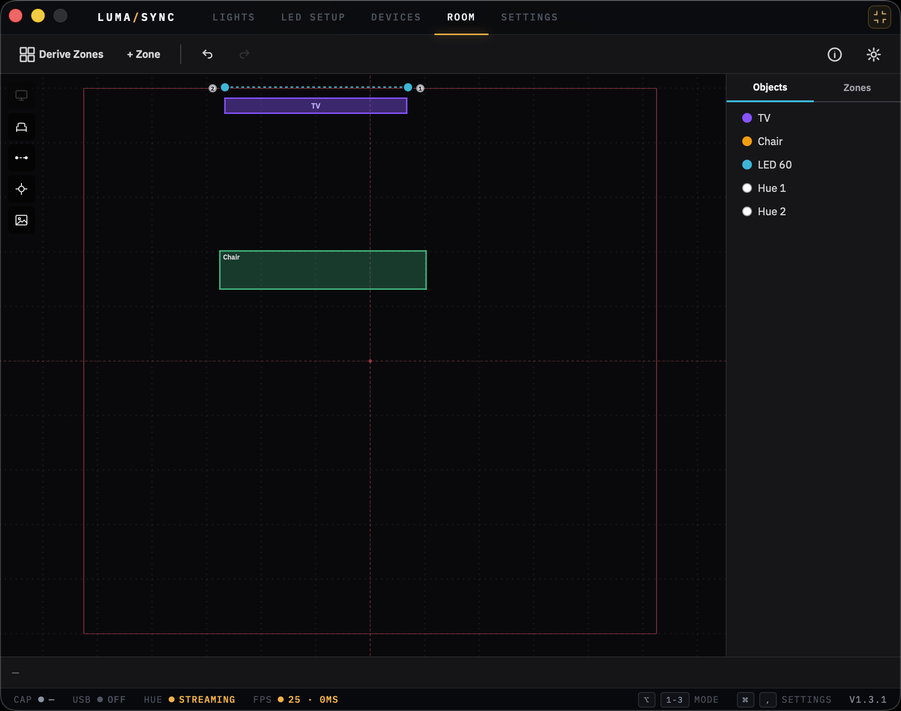 LumaSync's room map editor canvas with a TV anchor, furniture objects, a USB strip, and Hue channel overlays.